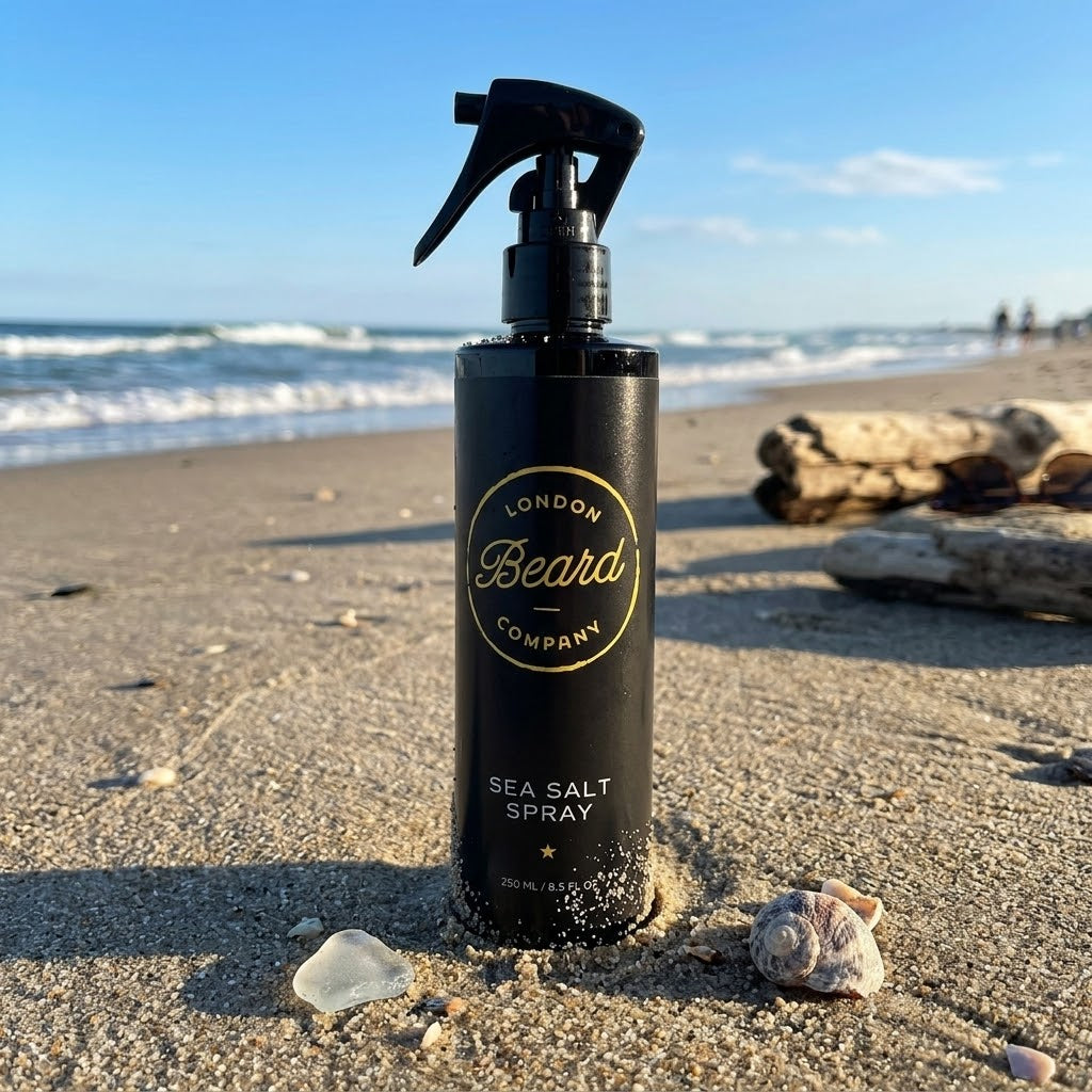 A black spray bottle labeled London Beard Company Sea Salt Spray stands on a sandy beach with ocean waves and driftwood in the background.