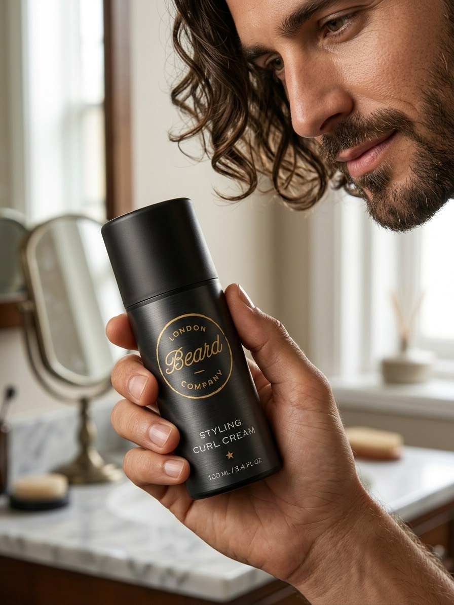 A man holds a black bottle of London Beard Company Styling Curl Cream in a bathroom setting with a vanity mirror and soft window light in the background.