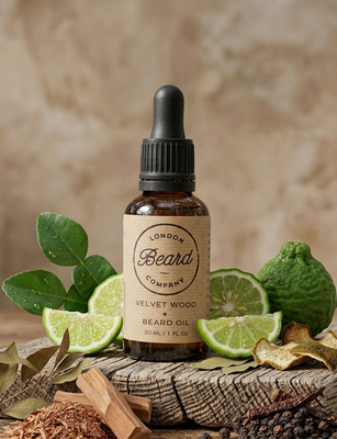 Beard oil bottle with natural elements on a wooden surface