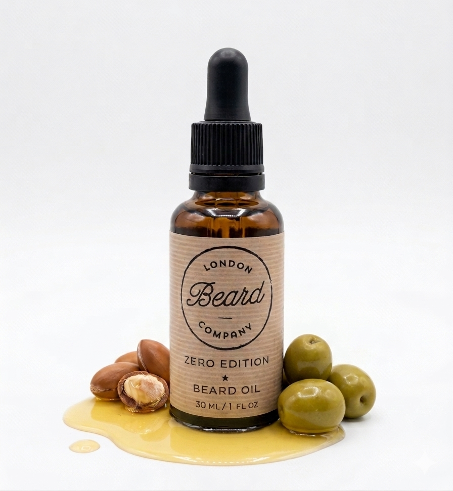 Bottle of London Beard Company beard oil with olives and nuts on a white background